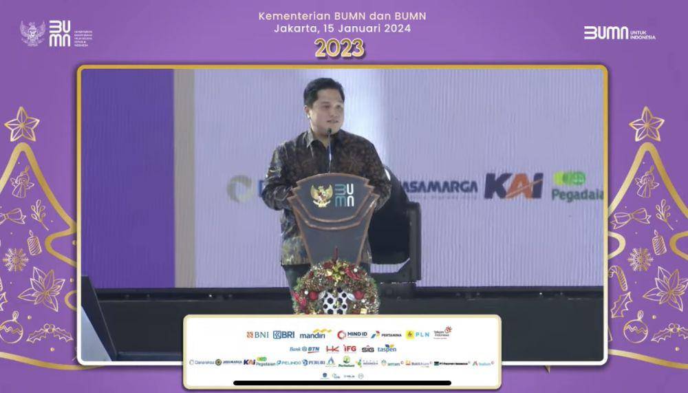 Menteri BUMN, Erick Thohir menghadiri perayaan Natal Kementerian BUMN di Jakarta Convention Center (JCC), Senin (15/1/2024). (dok. YouTube Kementerian BUMN)