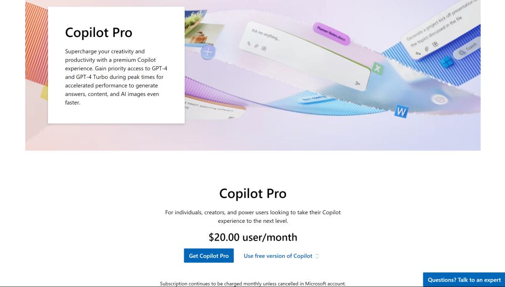 tampilan laman berlangganan Copilot Pro (dok. Microsoft)
