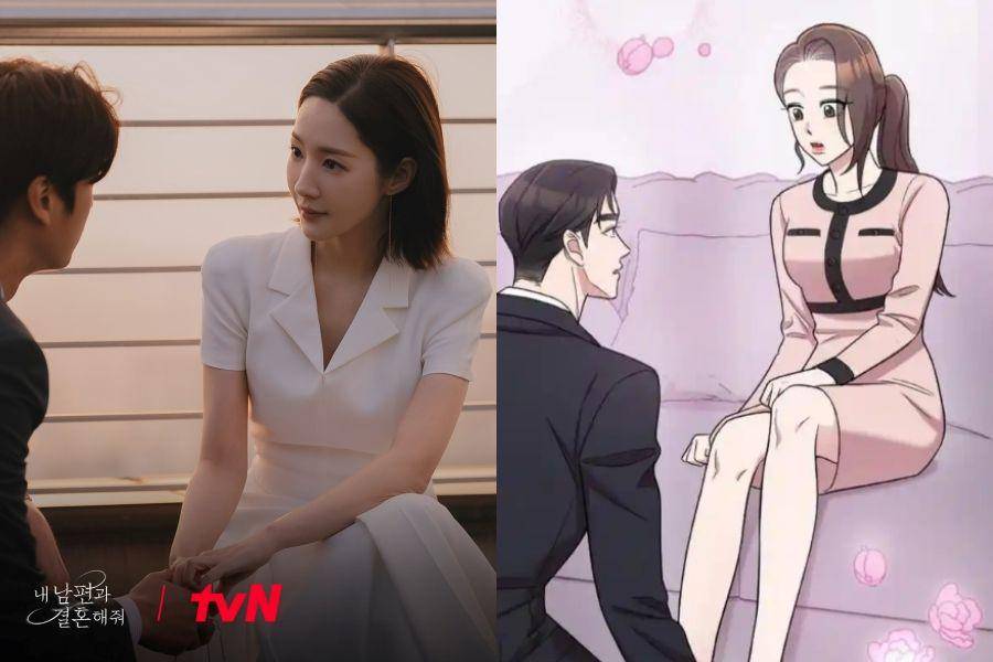 perbandingan outfit Park Min Young di drama vs webtoon Marry My Husband (instagram.com/tvn_drama | dok. LINE Webtoon/Marry My Husband)