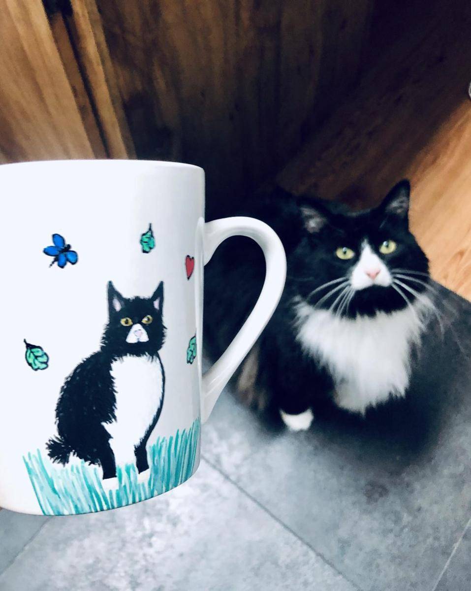 foto lucu kucing dengan mug gambar wajahnya (reddit.com/user/kirabira93)
