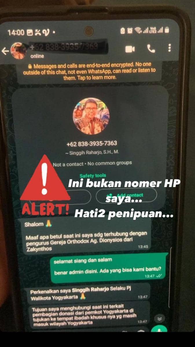 Modus penipuan mengatasnamakan Pj Walikota Jogja. (Dok. Istimewa)