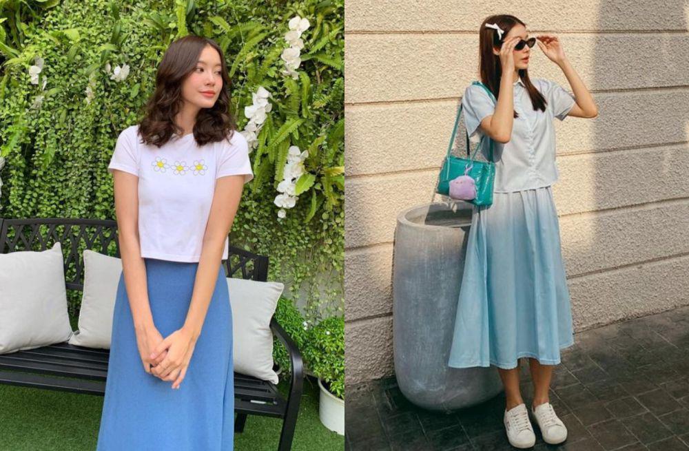 9 Inspirasi Outfit Bernuansa Biru Muda ala Namtan Tipnaree, Manis!