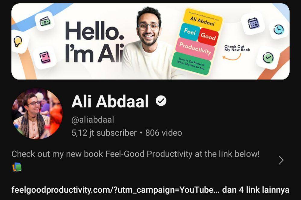 ilustrasi akun youtube keren (youtube.com/aliabdaal)