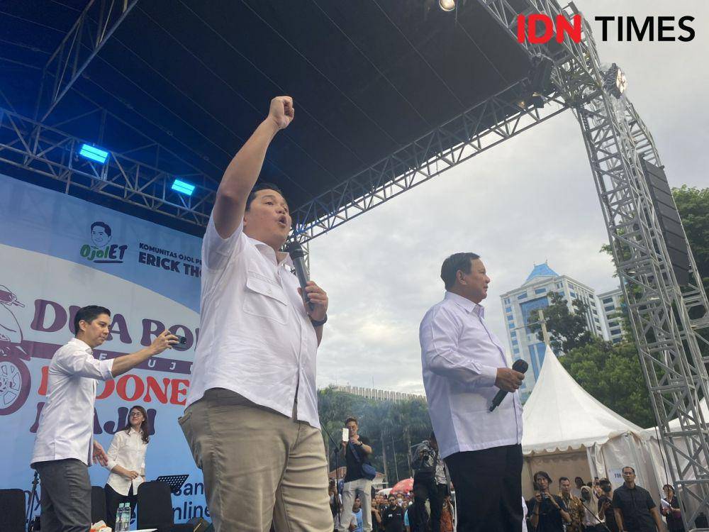 Capres nomor urut 2 Prabowo Subianto hadir dalam acara Komunitas Ojol penggemar Erick Thohir (OjolET). (IDN Times/Vadhia Lidyana)