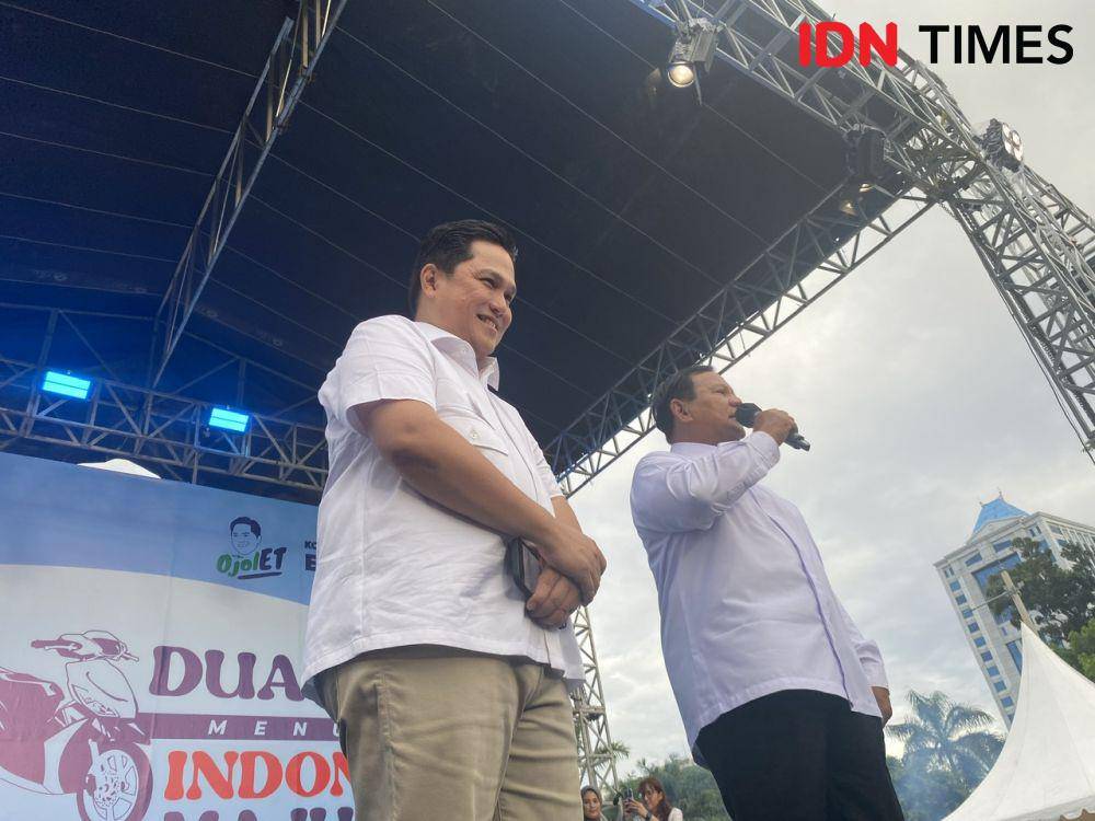 Capres nomor urut 2 Prabowo Subianto hadir dalam acara Komunitas Ojol penggemar Erick Thohir (OjolET). (IDN Times/Vadhia Lidyana)
