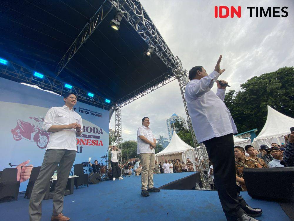 Capres nomor urut 2 Prabowo Subianto hadir dalam acara Komunitas Ojol penggemar Erick Thohir (OjolET). (IDN Times/Vadhia Lidyana)