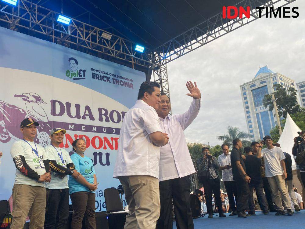 Capres nomor urut 2 Prabowo Subianto hadir dalam acara Komunitas Ojol penggemar Erick Thohir (OjolET). (IDN Times/Vadhia Lidyana)