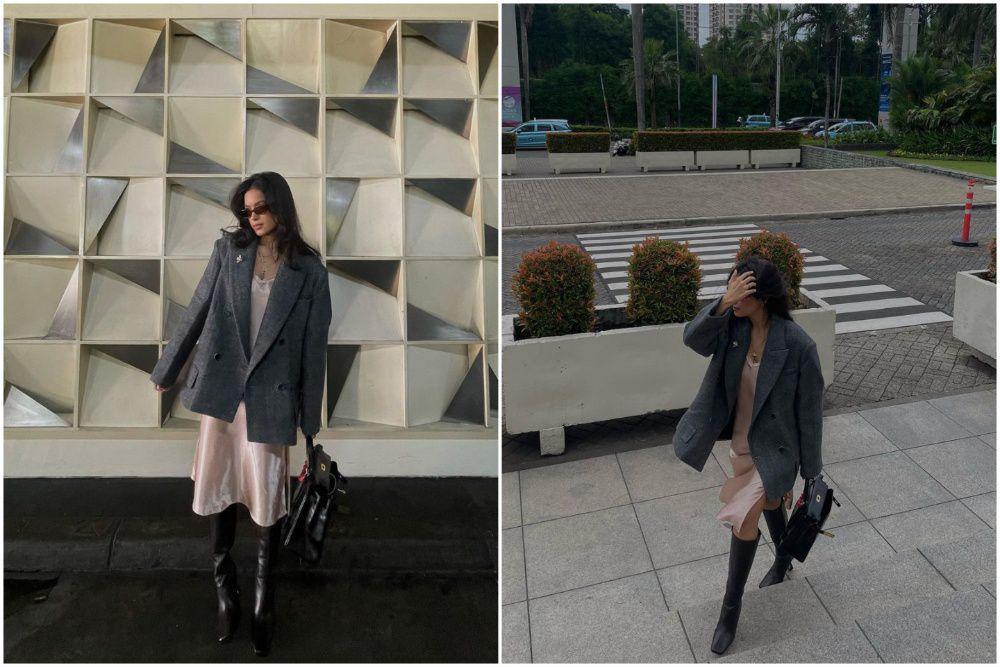 7 Potret OOTD Eva Celia Bergaun Satin dengan Blazer, Stunning!