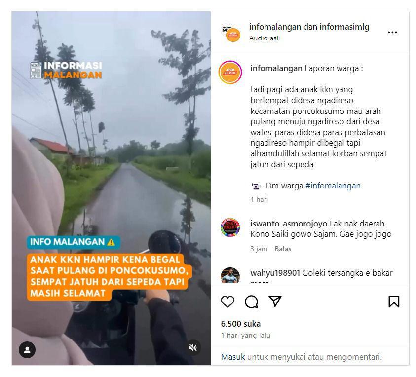 Postingan mahasiswa KKN di Malang yang hampir jadi korban pembegalan. (Dok. Humas Polres Malang)