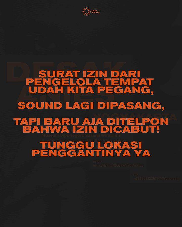 Agenda Desak Anies di Museum Diponegoro Sasana Wiratama Yogyakarta, Selasa (23/1/2024), dicabut izinnya. (twitter.com/UbahBareng)