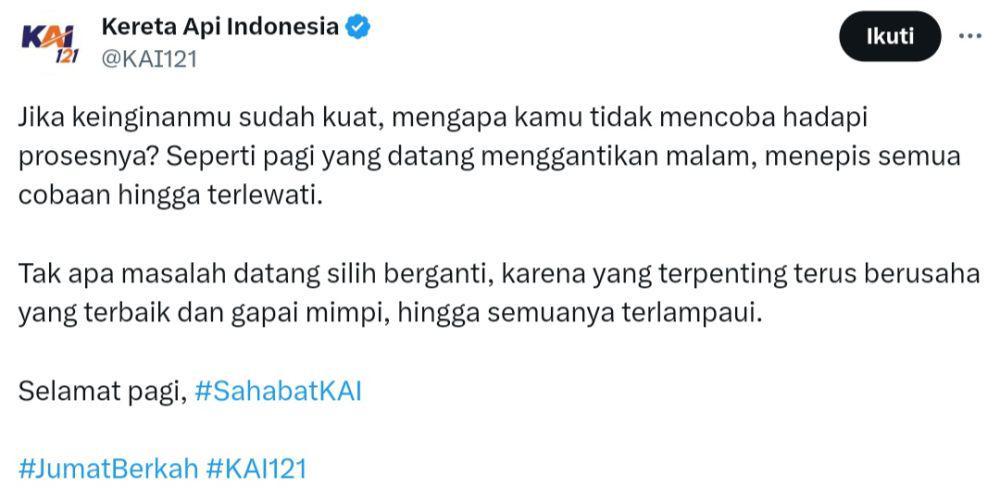 10 Cuitan Admin Kereta Api Indonesia Ini Memotivasi Warga X