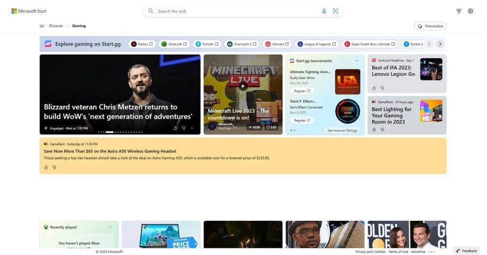 homepage khusus berita gaming di Microsoft Edge (dok. Microsoft)