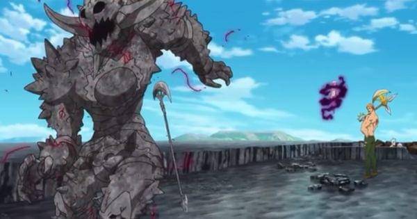 Galand menjadi batu karena terkena efek Comandement miliknya ( Dok. A-1 Pictures / Nanatsu no Taizai 2 )