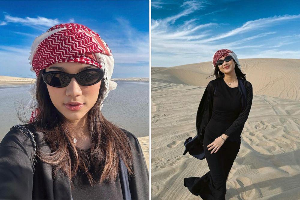 8 Potret Azizah Salsha Main di Gurun Pasir Doha Qatar, Stunning Abis!