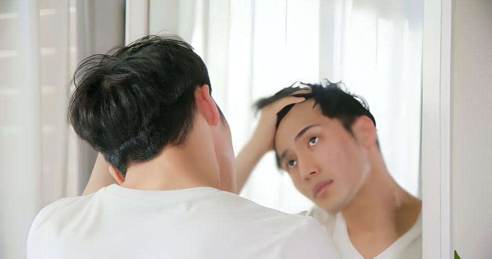 ilustrasi pria sedang memeriksa rambut (istockphoto.com/PonyWang)