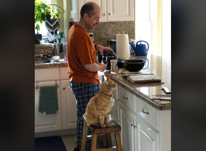 potret kucing bareng bapak-bapak di dapur (reddit.com/Xerces_Blue)
