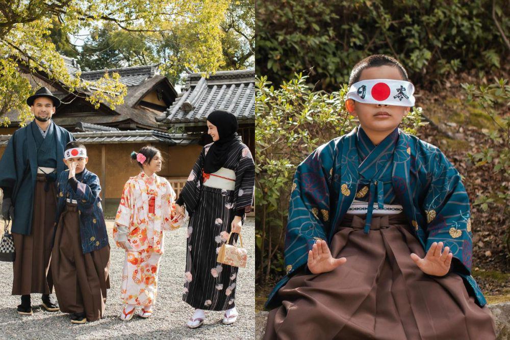 7 Momen Keluarga Teuku Wisnu Pakai Kimono di Jepang, Adam Jadi Patung