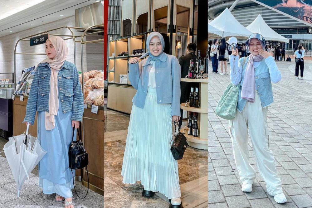 7 OOTD Hijab Nuansa Biru ala Bianca Kartika yang Fresh Bikin Elegan