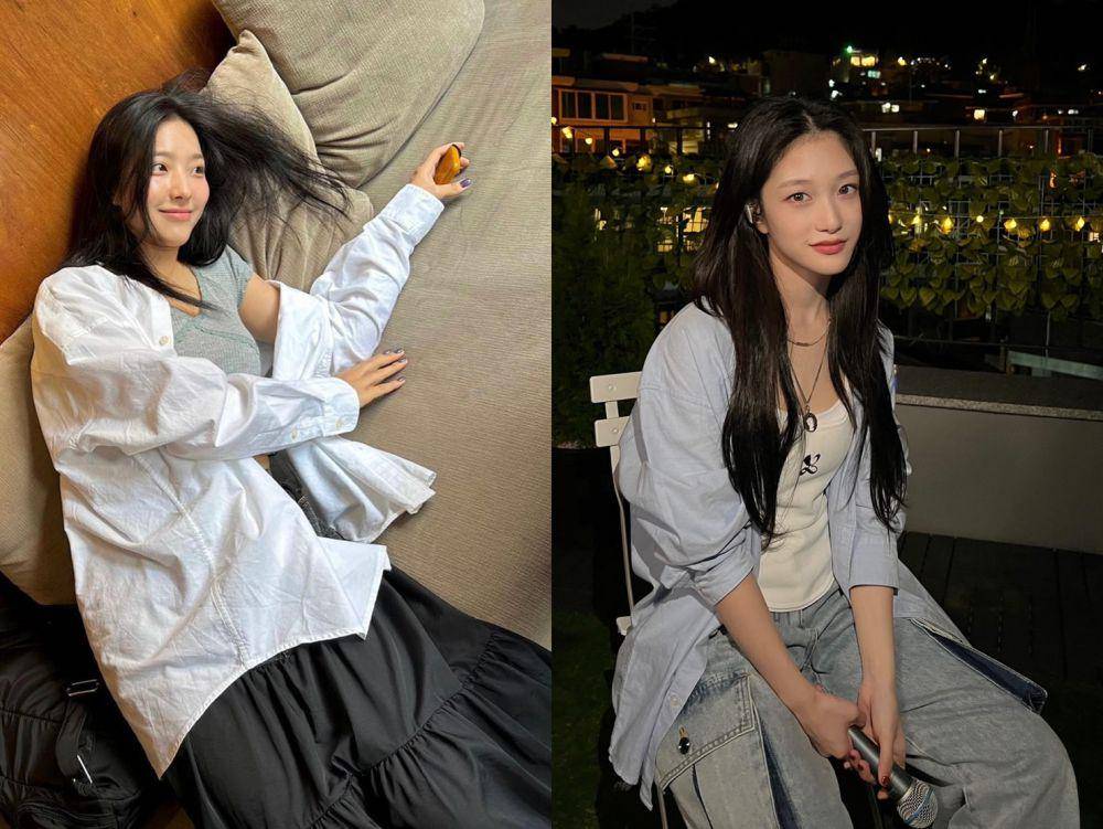 styling kemeja ala Saerom dan Seoyeon fromis_9 (instagram.com/saeromssee | twitter.com/realfromis_9)