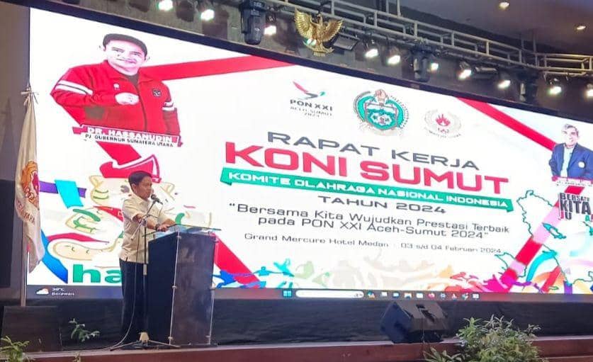 Pj Gubernur Sumut Hasanuddin berbicara soal persiapan PON 2024 saat Raker KONI Sumut (Dok.Istimewa)