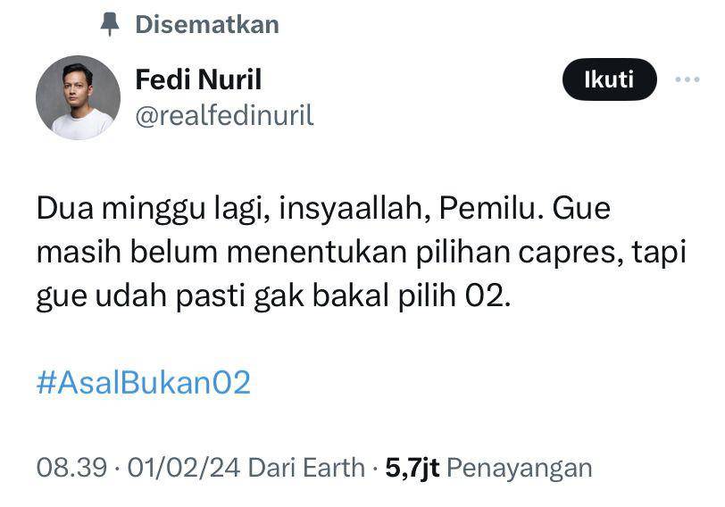 postingan Fedi Nuril (x.com/@realfedinuril)