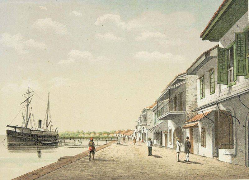Suasana pelabuhan Makassar antara tahun 1883 hingga 1889 berdasarkan litograf karya Josias Cornelis Rappard. (Tropenmuseum, part of the National Museum of World Cultures)