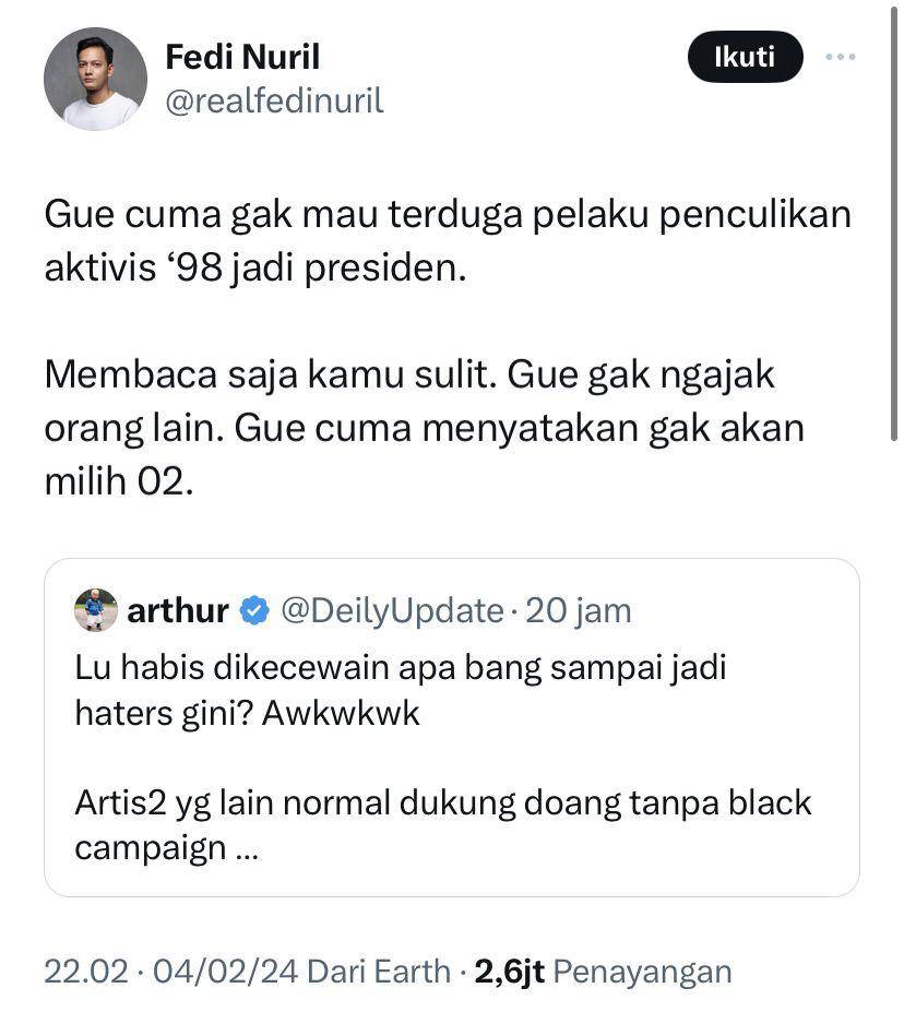 postingan Fedi Nuril (x.com/@realfedinuril)
