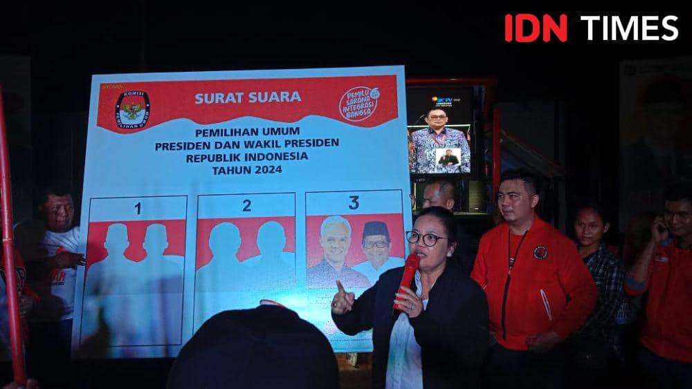 Ketua TKD Ganjar-Mahfud Jateng Agustina Wilujeng menyatakan dengan mencoblos surat suara bergambar Ganjar-Mahfud maka akan memenangkan Pemilu 2024 menjadi satu putaran. (IDN Times/Fariz Fardianto)
