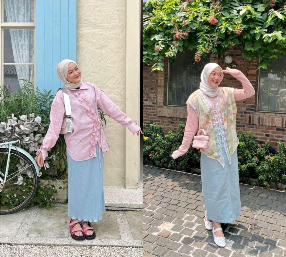 9 OOTD Hijab Nuansa Merah Muda ala Adinda Valda, Bikin Kesan Feminin!