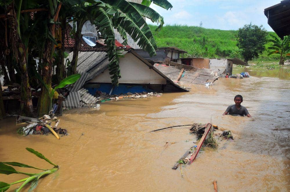 Seorang anak menerobos banjir di samping rumah yang roboh di Desa Gubug, Gubug, Grobogan, Jawa Tengah, Selasa (6/2/2024). Banjir akibat hujan deras serta jebolnya beberapa tanggul sungai Tuntang itu merendam 2.662 unit rumah, 56 hektare persawahan, enam sekolah dan sejumlah rumah ibadah serta jalan utama yang menghubungkan Purwodadi-Semarang masih dialihkan ke jalur alternatif. (ANTARA FOTO/Yusuf Nugroho)