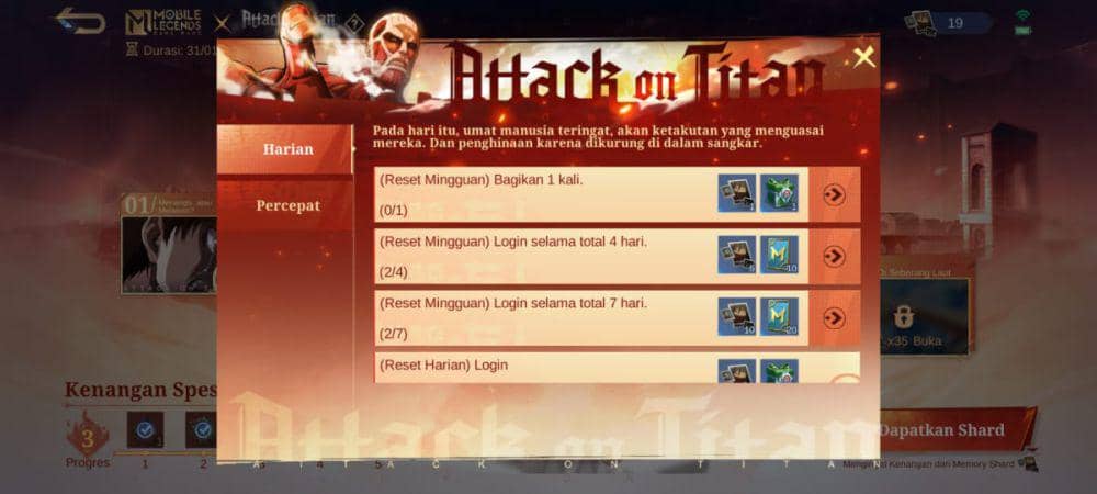 misi harian untuk menyelesaikan progres cerita kenangan Eren di MLBB (dok. Moonton/Mobile Legends)