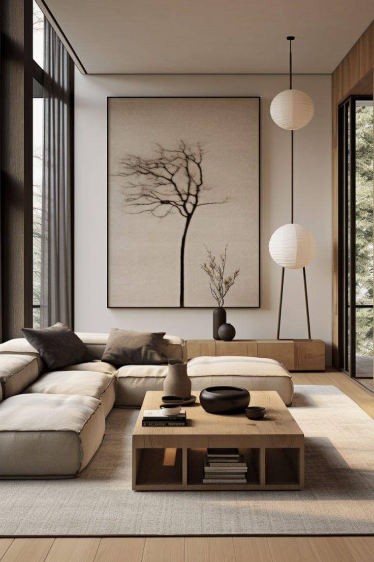 ide dekorasi ruang tamu bergaya japandi (pinterest.com)