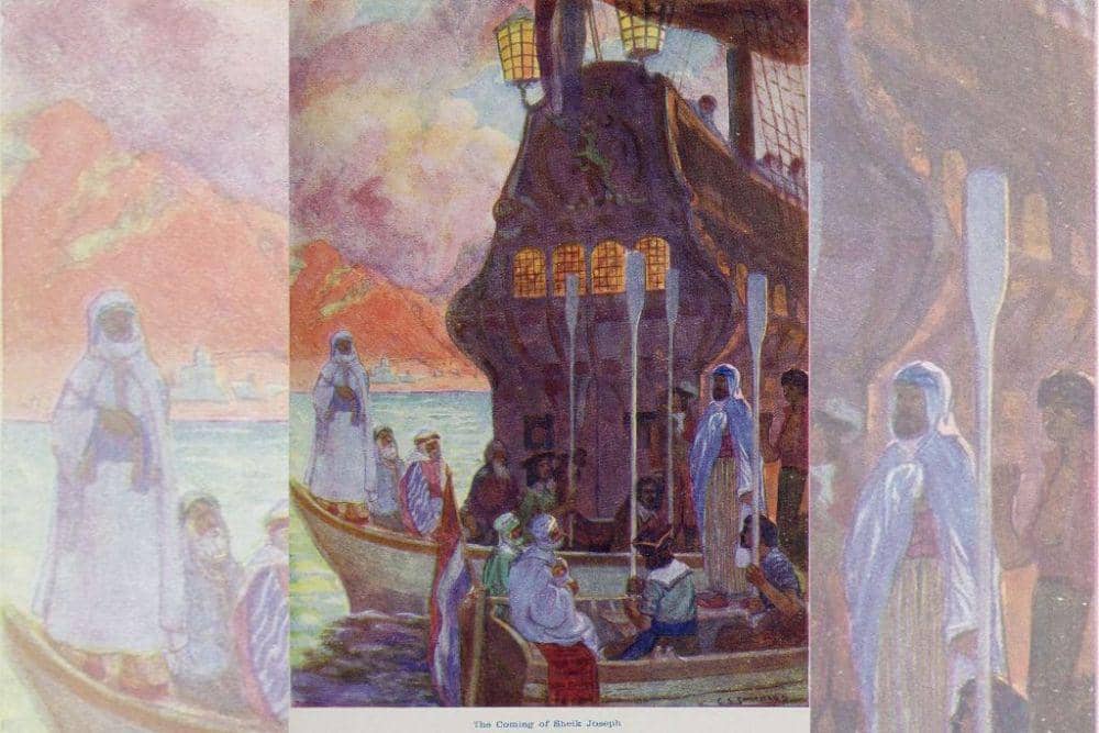 Lukisan G.S. Smithard dan J.S. Skelton tentang kedatangan ulama asal Sulawesi Selatan, Syekh Yusuf, di Cape Town pada tahun 1693. (Wikimedia Commons)