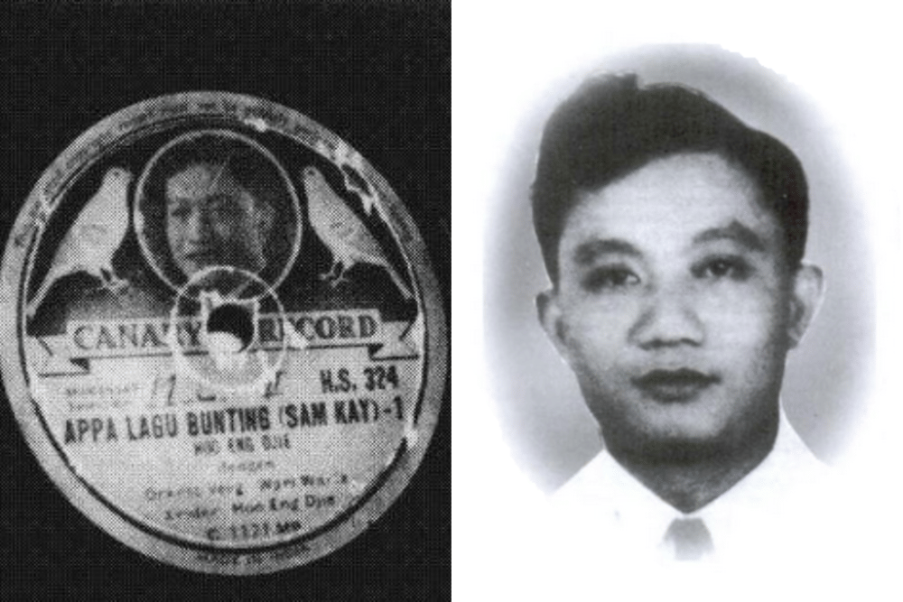 Musisi Tionghoa-Makassar, Hoo Eng Djie (kanan) dan salah satu piringan hitam rekamannya. (Kolase Berbagai Sumber)