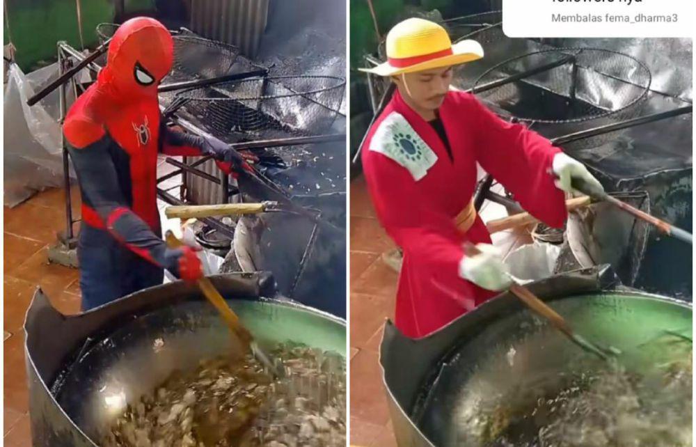 9 Potret Jarko, Tukang Goreng Kerupuk Viral dengan Berbagai Kostum