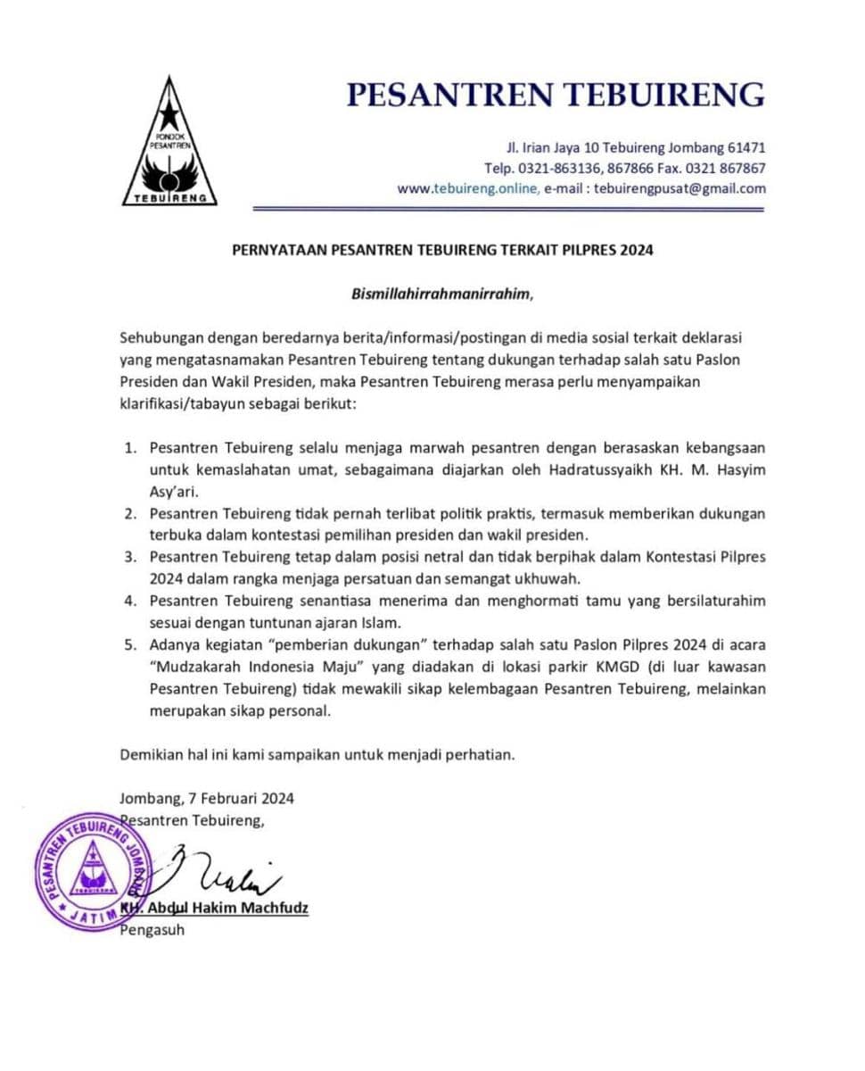 Tegas! Ponpes Tebuireng Tak Dukung Paslon di Pilpres 2024