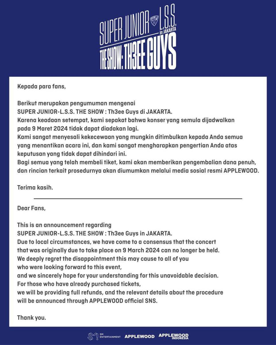 konser Super Junior L.S.S Jakarta batal (instagram.com/applewood_official)