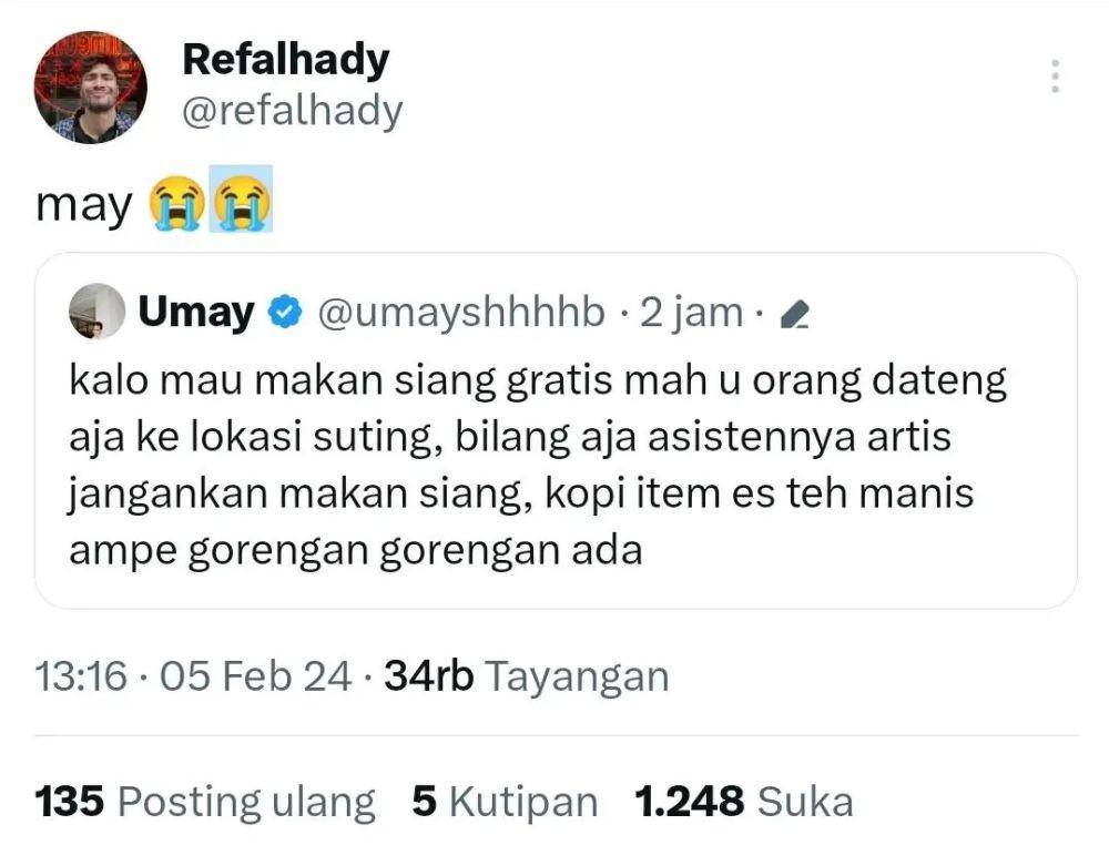 reaksi Refal Hady terhadap cuitan Umay Shahab (twitter.com/huffflepuufff)