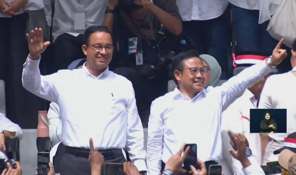 Pasangan Capres-Cawapres, Anies-Cak Imin hadir di kumpul akbar untuk perubahan yang diadakan di JIS pada Sabtu (10/2/2024). (youtube.com/TV POOL METRO TV)