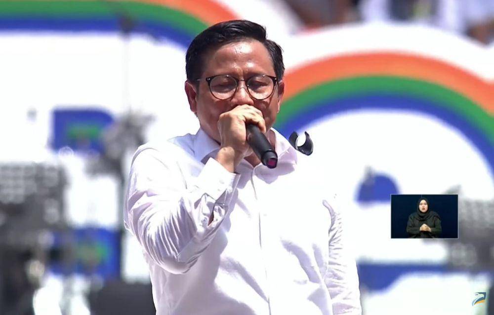 Calon wakil presiden nomor urut satu, Muhaimin Iskandar (Cak Imin) dalam acara kumpul akbar untuk perubahan di JIS pada Sabtu (10/2/2024). (youtube.com/TV POOL METRO TV)