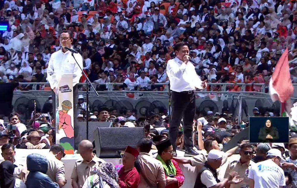 Calon wakil presiden nomor urut satu, Muhaimin Iskandar (Cak Imin) dalam acara kumpul akbar untuk perubahan di JIS pada Sabtu (10/2/2024). (youtube.com/TV POOL METRO TV)