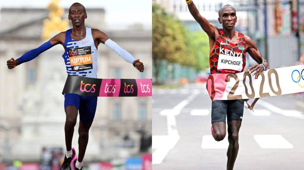 potret Kelvin Kiptum (kiri) dan Eliud Kipchoge (olympics.com)