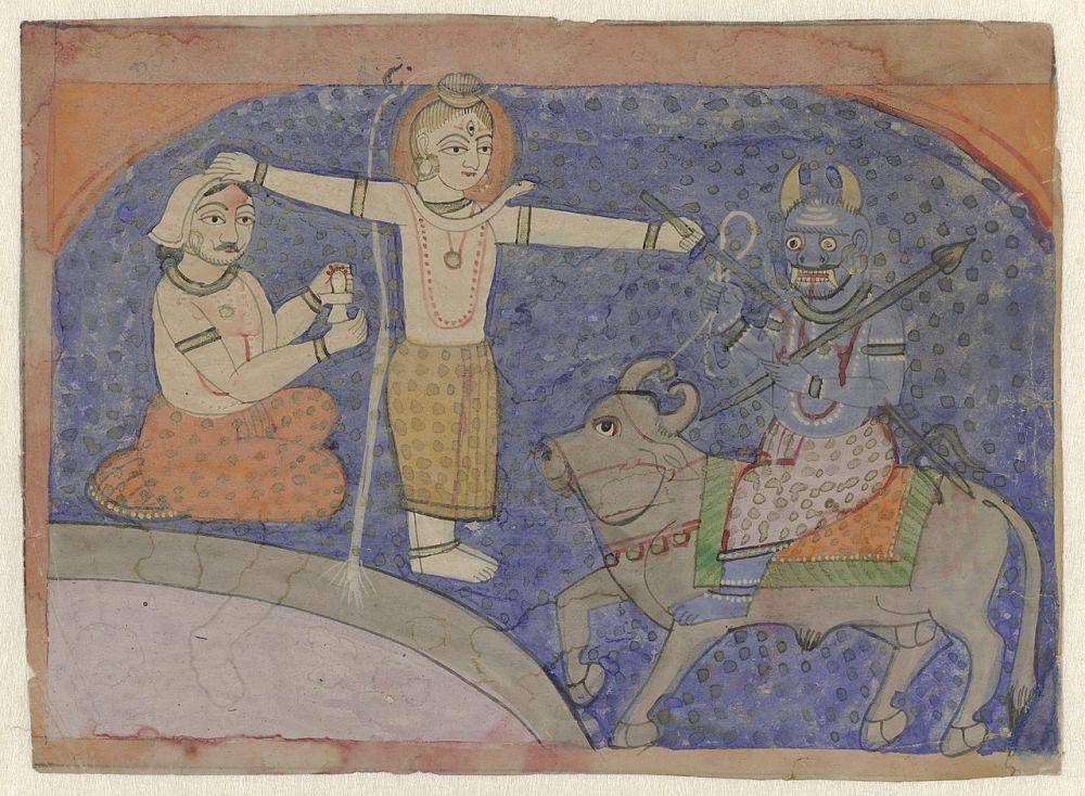 ilustrasi dewa Yama dibunuh oleh dewa Siwa dengan trisula (commons.wikimedia.org/Rijksmuseum)