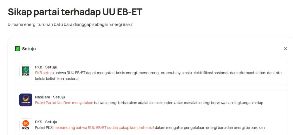 Posisi partai politik terhadap salah satu isu yaitu UU Energi Baru dan Energi Terbarukan (bijakmemilih.id)