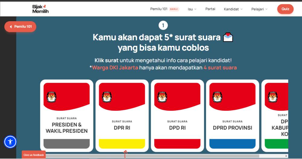 Simulasi surat suara dalam situs Bijak Memilih (bijakmemilih.id)