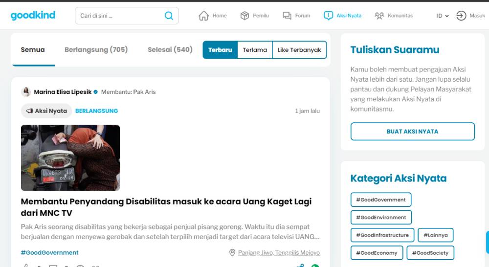 Tampilan kanal Aksi Nyata di platform Goodkind (goodkind.id)