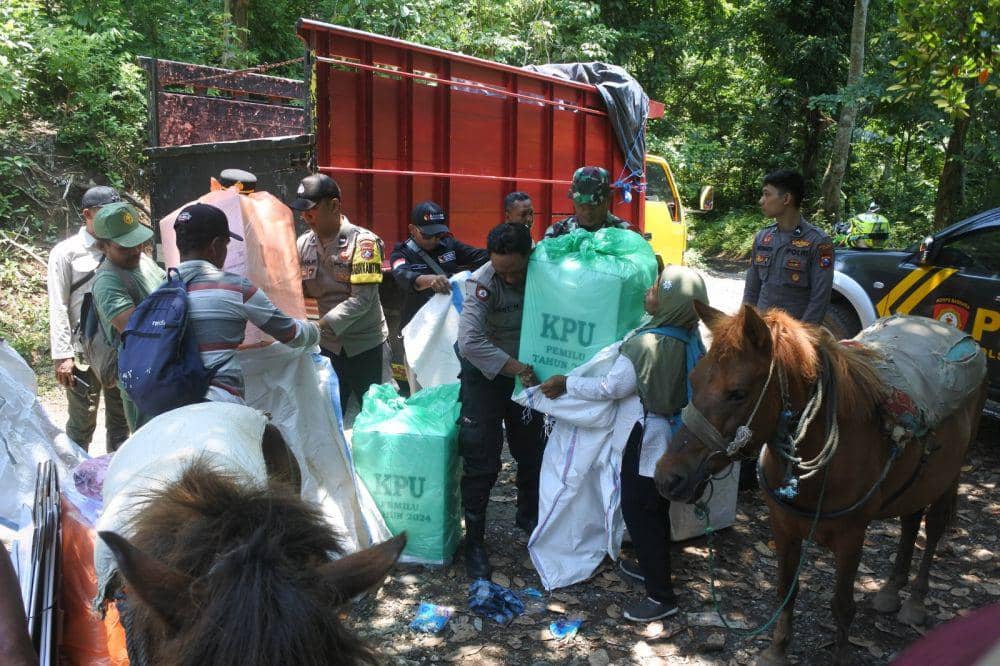 Petugas membungkus logistik Pemilu sebelum diangkut dengan kuda di Kawasan Taman Nasional Meru Betiri Dusun Bande Alit, Desa Andongrejo, Tempurejo, Jember, Jawa Timur, Selasa (13/2/2024). Pengiriman logistik Pemilu 2024 ke TPS 20 di Dusun Sumbersalak itu harus menggunakan kuda sejauh tujuh kilometer karena medannya berupa jalan setapak dan berlumpur saat musim hujan. ANTARA FOTO/Seno/aww.