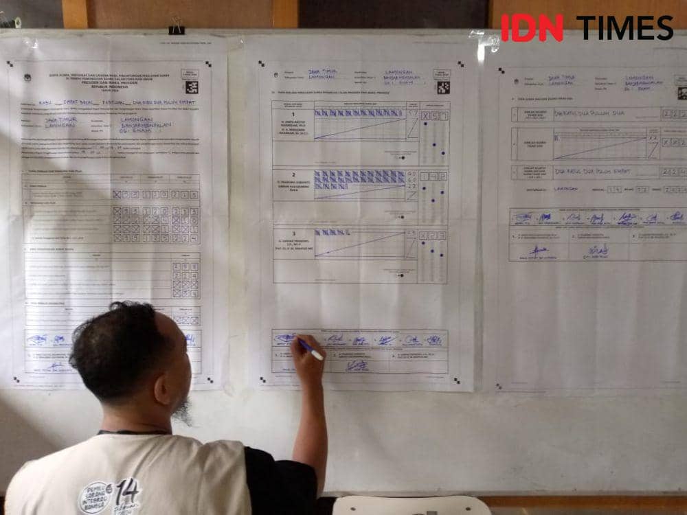 Proses penghitungan suara di TPS tempat Bupati Lamongan, Yuhronur Efendi, Rabu (14/2/2024).  IDN Times/Faradiba