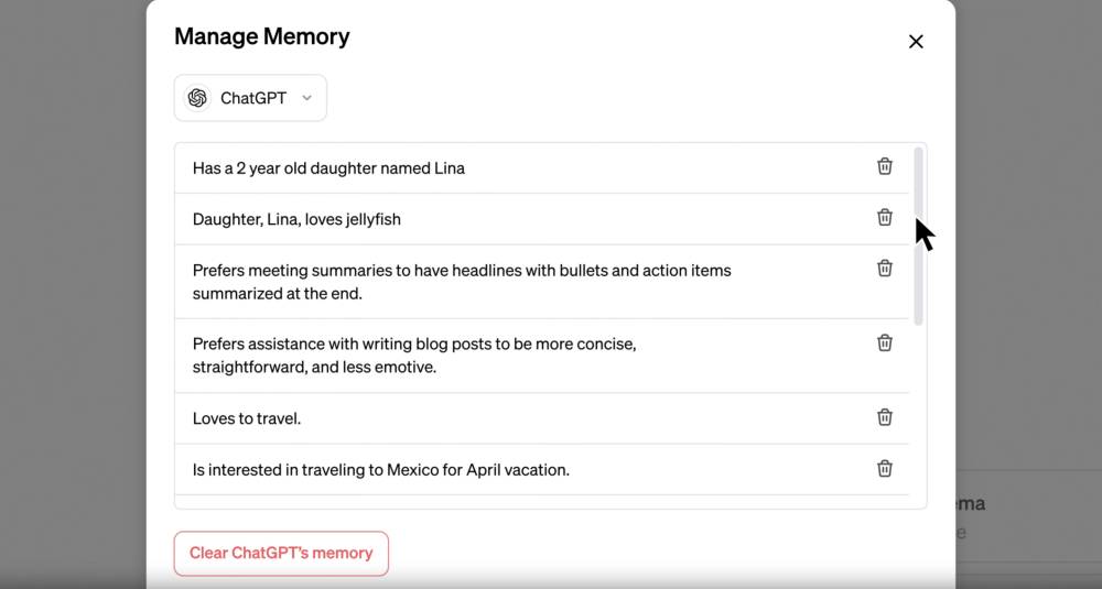 tampilan fitur Memory di ChatGPT (dok. OpenAI)