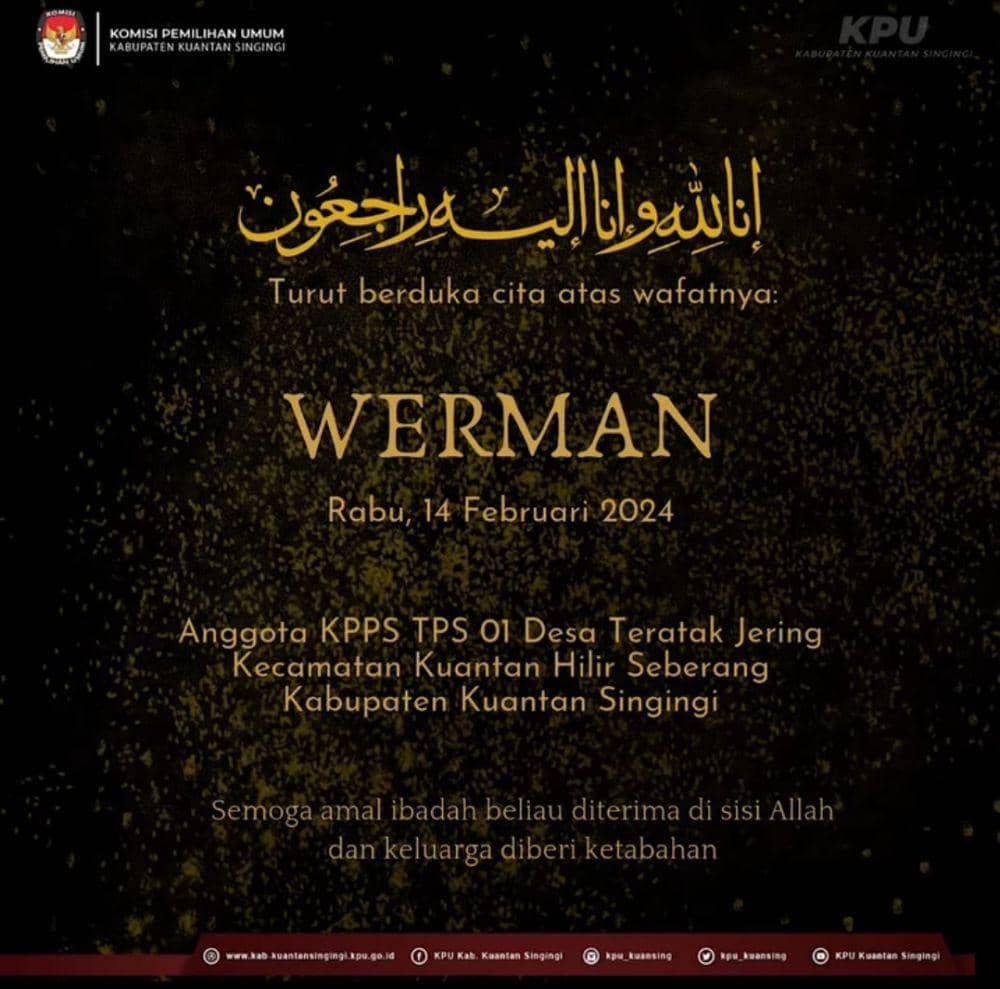 KPU Kuansing posting ucapan duka cita di Instagram atas meninggalnya Werman, anggota KPPS di Kuansing (IDN Times/ IG kpu_kuansing)